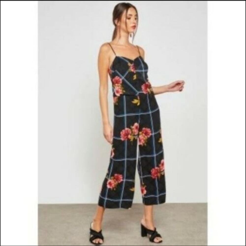 TOPSHOP Grid Plaid Floral Jumpsuit Sleeveless Size 2‎ Spaghetti Strap